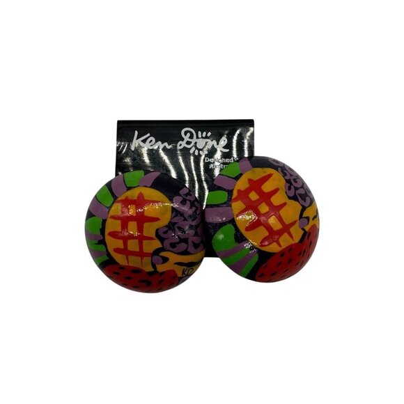 Ken Done Jewelry - Vintage Clip On Earrings Ken Done 1980s Hand Painted Wood Round Bright Abstract